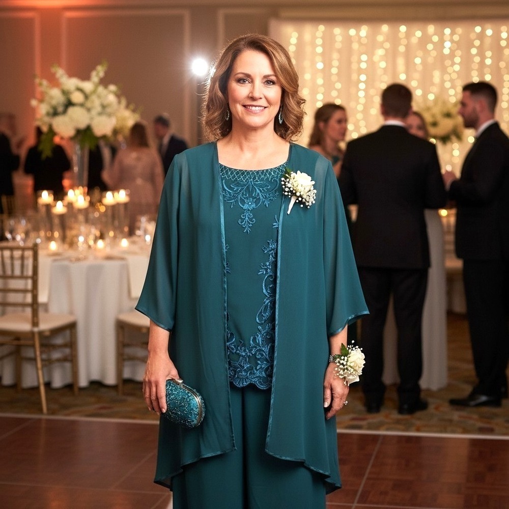 Green Chiffon 3 Pc Pants Suit 16 Beaded Lace Zipper Wedding Formal Event‎ NWOT